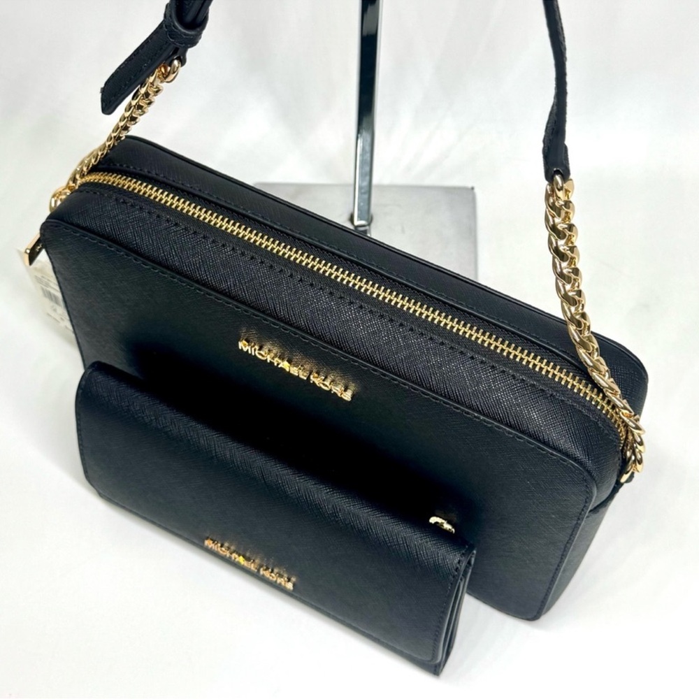 Michael Kors Jet Set Large Logo Crossbody Bag & Matching Trifold Wallet Black - Picture 8 of 11